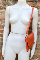 Small leather bag in orange. Crossbody bag, shoulder bag in GENUINE leather. Orange purse with adjustable strap and zipper