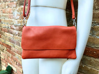 Small leather bag in orange. Crossbody bag, shoulder bag in GENUINE leather. Orange purse with adjustable strap and zipper