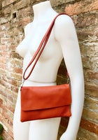 Small leather bag in orange. Crossbody bag, shoulder bag in GENUINE leather. Orange purse with adjustable strap and zipper