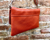 Small leather bag in orange. Crossbody bag, shoulder bag in GENUINE leather. Orange purse with adjustable strap and zipper