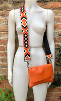 Orange leather bag. 2 straps: 1 leather + 1 guitar strap. GENUINE leather Crossbody / shoulder bag. Small orange purse with flap and zipper