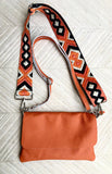 Orange leather bag. 2 straps: 1 leather + 1 guitar strap. GENUINE leather Crossbody / shoulder bag. Small orange purse with flap and zipper