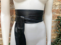 BLACK obi belt. Wrap belt in soft genuine leather. Wraparound waist belt. Wide style. Boho dress belt in soft black leather