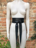 BLACK obi belt. Wrap belt in soft genuine leather. Wraparound waist belt. Wide style. Boho dress belt in soft black leather