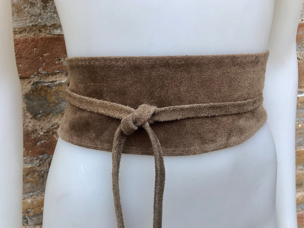 Taupe brown suede OBI belt in natural soft suede.Light brown waist belt.Very dark beige,taupe, greyge boho wrap dress belt. Tan overall belt