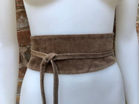 Taupe brown suede OBI belt in natural soft suede.Light brown waist belt.Very dark beige,taupe, greyge boho wrap dress belt. Tan overall belt