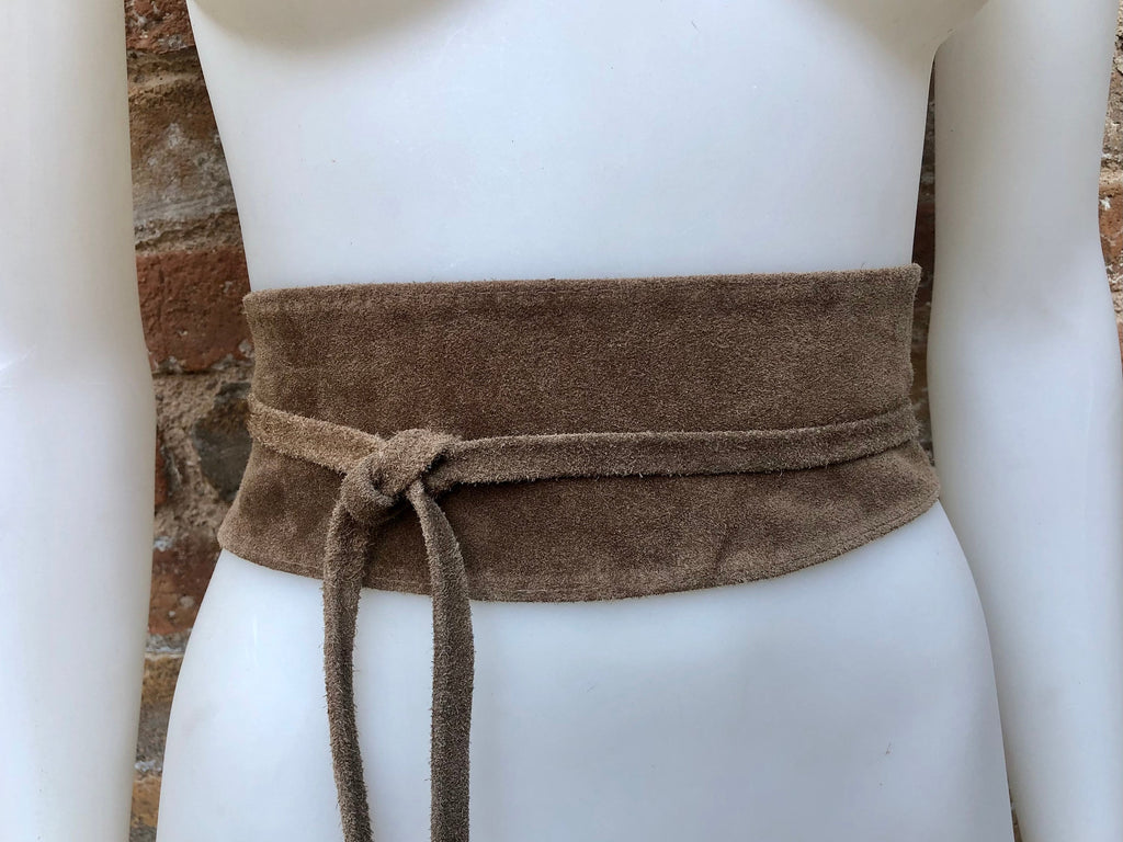 Taupe brown suede OBI belt in natural soft suede.Light brown waist belt.Very dark beige,taupe, greyge boho wrap dress belt. Tan overall belt