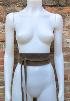 Taupe brown suede OBI belt in natural soft suede.Light brown waist belt.Very dark beige,taupe, greyge boho wrap dress belt. Tan overall belt