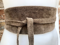 Taupe brown suede OBI belt in natural soft suede.Light brown waist belt.Very dark beige,taupe, greyge boho wrap dress belt. Tan overall belt