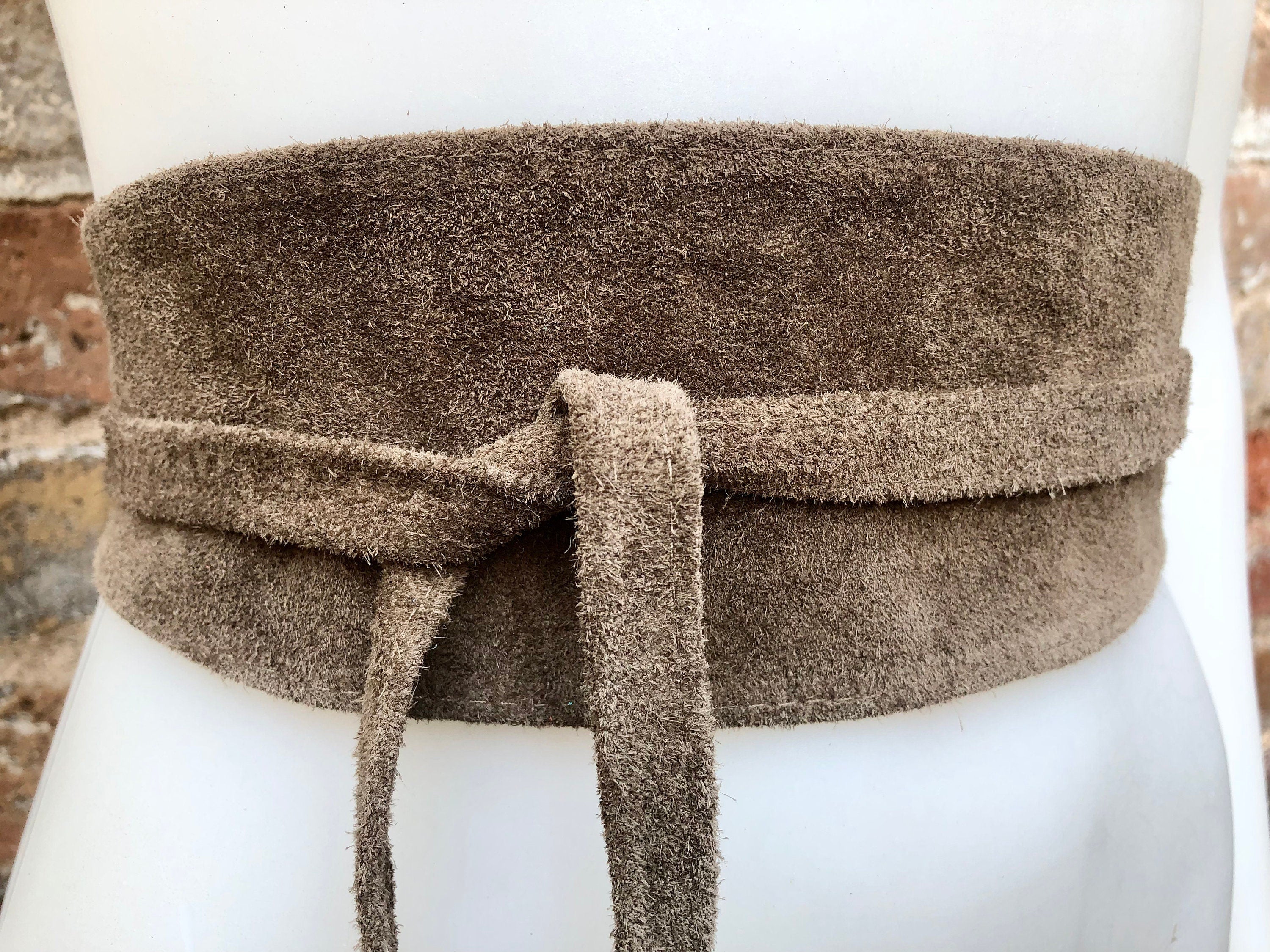 Taupe brown suede OBI belt in natural soft suede.Light brown waist belt.Very dark beige,taupe, greyge boho wrap dress belt. Tan overall belt