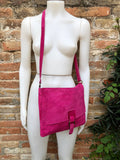 Magenta pink suede bag. Genuine leather purse. Crossbody fuchsia Messenger bag in soft natural leather for books, tablets. Hot pink purse