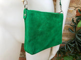 Suede leather bag in GREEN. Cross body bag, shoulder bag in GENUINE leather. Small leather bag with adjustable strap and zipper.