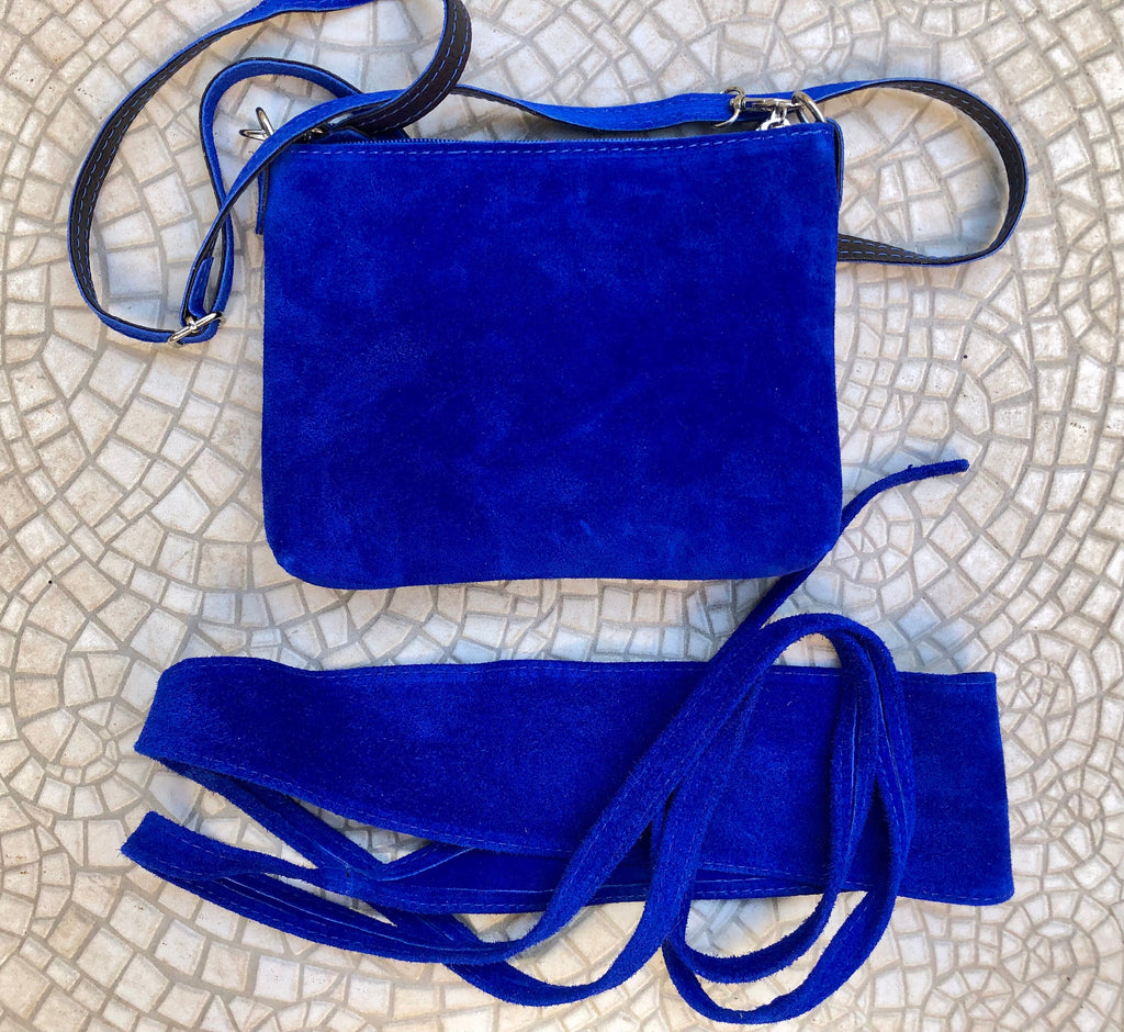 Small suede bag in COBALT BLUE with belt.Cross body bag and OBI belt set in genuine suede leather. Wrap belt and smal purse. Wide suede belt