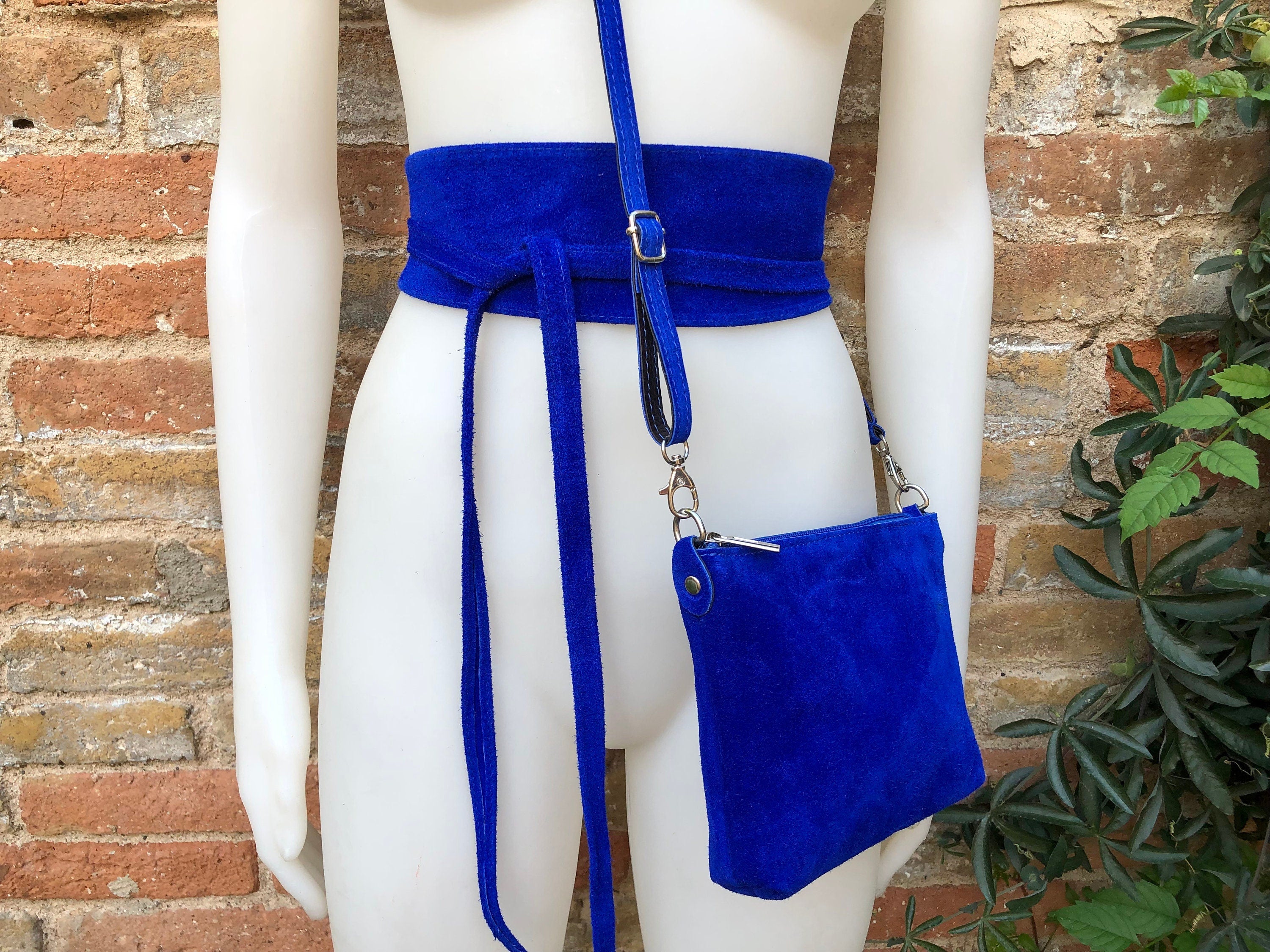 Small suede bag in COBALT BLUE with belt.Cross body bag and OBI belt set in genuine suede leather. Wrap belt and smal purse. Wide suede belt