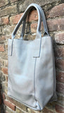 Tote leather bag in light gray - beige. Leather shopper in GENUINE leather. Large carry all bag for your laptop, books. Grey leather shopper