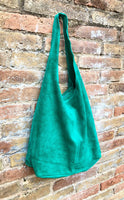 Large TOTE leather bag in GREEN with ZIPPER. Soft natural suede genuine leather shopper. Bohemian bag. Green suede slouch bag. Carry all bag