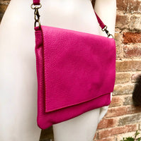 Cross body bag. BOHO soft leather bag in fuchsia PINK. Genuine grain leather. Magenta crossover, messenger bag. Zipper and adjustable strap