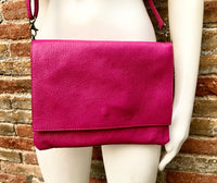 Cross body bag. BOHO soft leather bag in fuchsia PINK. Genuine grain leather. Magenta crossover, messenger bag. Zipper and adjustable strap