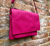 Cross body bag. BOHO soft leather bag in fuchsia PINK. Genuine grain leather. Magenta crossover, messenger bag. Zipper and adjustable strap