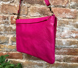 Cross body bag. BOHO soft leather bag in fuchsia PINK. Genuine grain leather. Magenta crossover, messenger bag. Zipper and adjustable strap