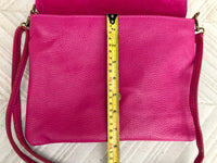 Cross body bag. BOHO soft leather bag in fuchsia PINK. Genuine grain leather. Magenta crossover, messenger bag. Zipper and adjustable strap