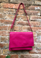 Cross body bag. BOHO soft leather bag in fuchsia PINK. Genuine grain leather. Magenta crossover, messenger bag. Zipper and adjustable strap