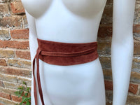 Wide obi belt in suede. Wrap belt in terracotta brown- ORANGE. Genuine leather soft suede sash, rusty brown suede wraparound boho belt