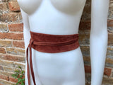 Wide obi belt in suede. Wrap belt in terracotta brown- ORANGE. Genuine leather soft suede sash, rusty brown suede wraparound boho belt