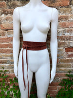 Wide obi belt in suede. Wrap belt in terracotta brown- ORANGE. Genuine leather soft suede sash, rusty brown suede wraparound boho belt