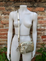 Small leather bag in gold. Cross body bag, shoulder bag in GENUINE leather. Metallic shine leather bag with adjustable strap and zipper