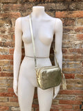Small golden leather bag. GENUINE leather cross body / shoulder bag. Metallic shine leather bag with adjustable strap and zipper. Gold purse