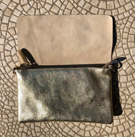 Small leather bag in GOLD. Cross body bag, shoulder bag in GENUINE leather. Metallic shine bag with adjustable strap, zipper and flap.