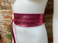 PINK OBI belt in natural soft leather. Waist belt,wide leather belt, metallic, wrap belt, boho sash, boho wraparound pink belt