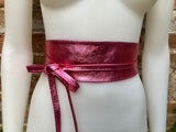 PINK OBI belt in natural soft leather. Waist belt,wide leather belt, metallic, wrap belt, boho sash, boho wraparound pink belt