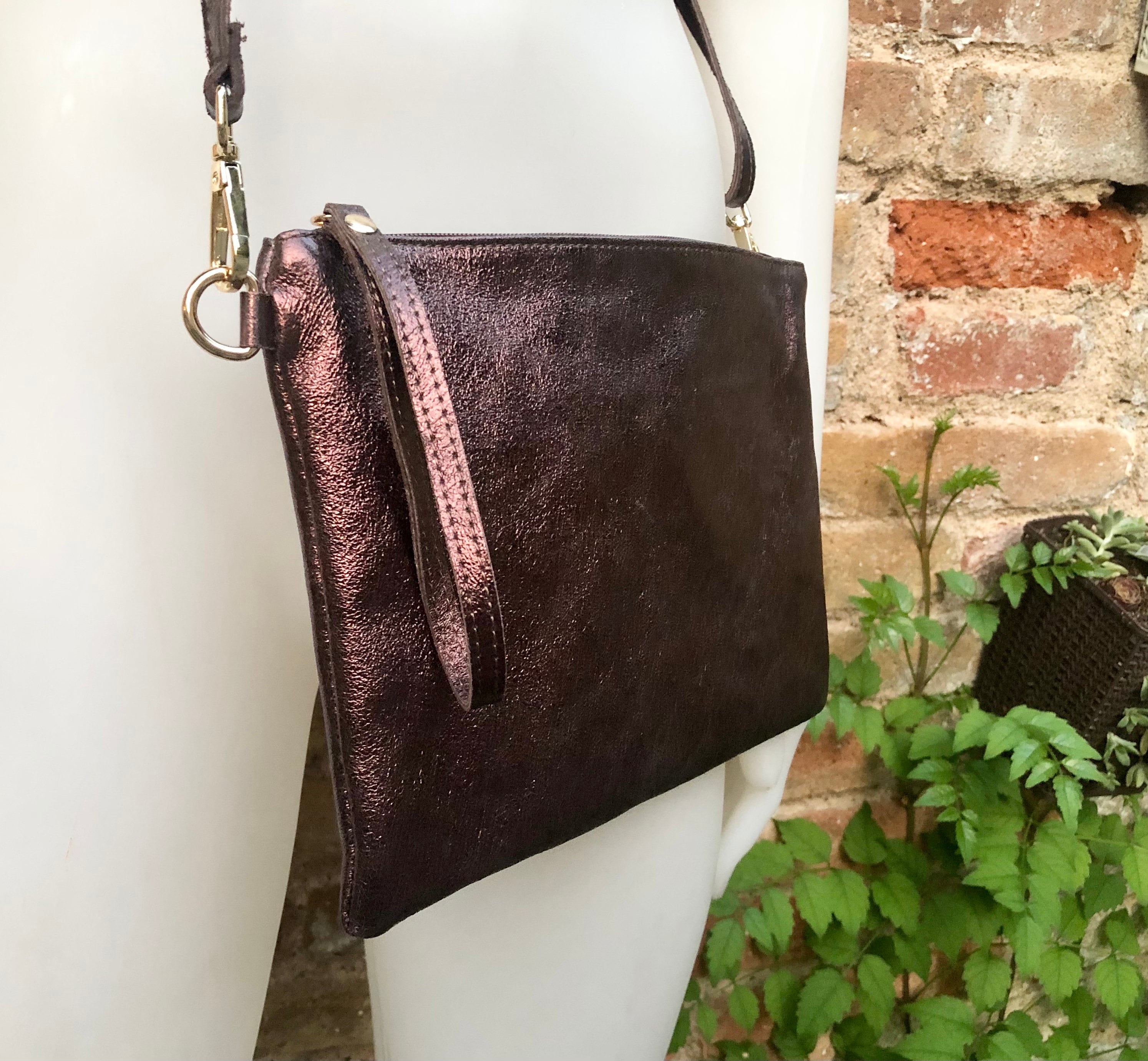 Small leather bag in metallic purple - brown .Cross body bag, GENUINE leather shoulder bag or wristlet. Brown purse with adjustable strap.