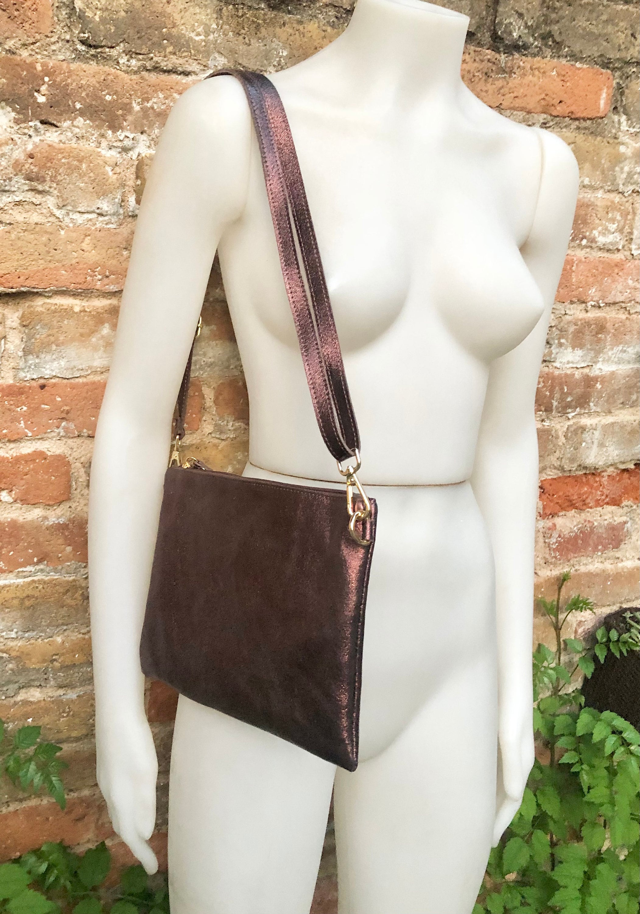 Small leather bag in metallic purple - brown .Cross body bag, GENUINE leather shoulder bag or wristlet. Brown purse with adjustable strap.