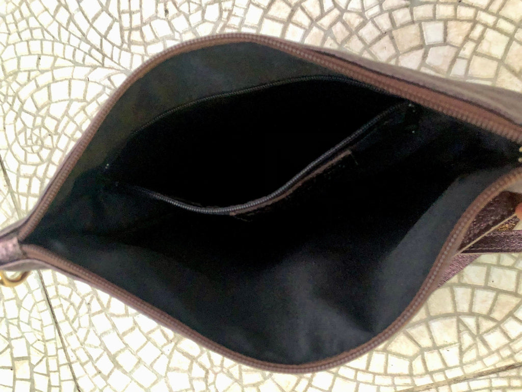 Small leather bag in metallic purple - brown .Cross body bag, GENUINE leather shoulder bag or wristlet. Brown purse with adjustable strap.