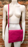 Cross body bag. BOHO soft leather bag in fuchsia PINK. Genuine grain leather. Magenta crossover, messenger bag. Zipper and adjustable strap