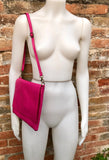 Cross body bag. BOHO soft leather bag in fuchsia PINK. Genuine grain leather. Magenta crossover, messenger bag. Zipper and adjustable strap