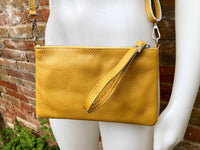 Small leather bag in MUSTARD YELLOW .Cross body bag, shoulder bag or wristlet in GENUINE leather. Yellow bag with adjustable strap