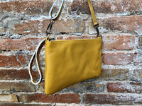 Small leather bag in MUSTARD YELLOW .Cross body bag, shoulder bag or wristlet in GENUINE leather. Yellow bag with adjustable strap