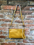 Small leather bag in MUSTARD YELLOW .Cross body bag, shoulder bag or wristlet in GENUINE leather. Yellow bag with adjustable strap