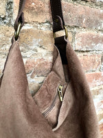 Slouch leather bag in dark brown. Brown suede hobo shoulder bag. Boho bag. Book or tablet bags in suede. BROWN suede purse. Leather shopper