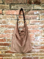 Slouch leather bag in light brown.Taupe color hobo shoulder bag. Boho bag. Book or tablet bags in suede. BROWN suede bag. Leather shopper