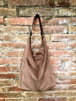 Slouch leather bag in light brown.Taupe color hobo shoulder bag. Boho bag. Book or tablet bags in suede. BROWN suede bag. Leather shopper