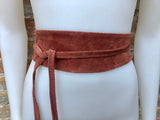 Wide obi belt in suede. Wrap belt in terracotta brown- ORANGE. Genuine leather soft suede sash, rusty brown suede wraparound boho belt