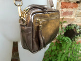 Small leather bag in bronze. GENUINE leather shoulder or cross body bag. Metallic shine dark gold leather bag, adjustable strap and zipper