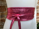 PINK OBI belt in natural soft leather. Waist belt,wide leather belt, metallic, wrap belt, boho sash, boho wraparound pink belt