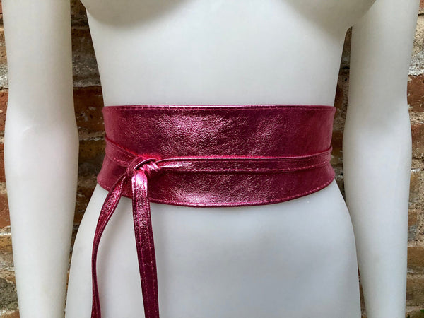 PINK OBI belt in natural soft leather. Waist belt,wide leather belt, metallic, wrap belt, boho sash, boho wraparound pink belt