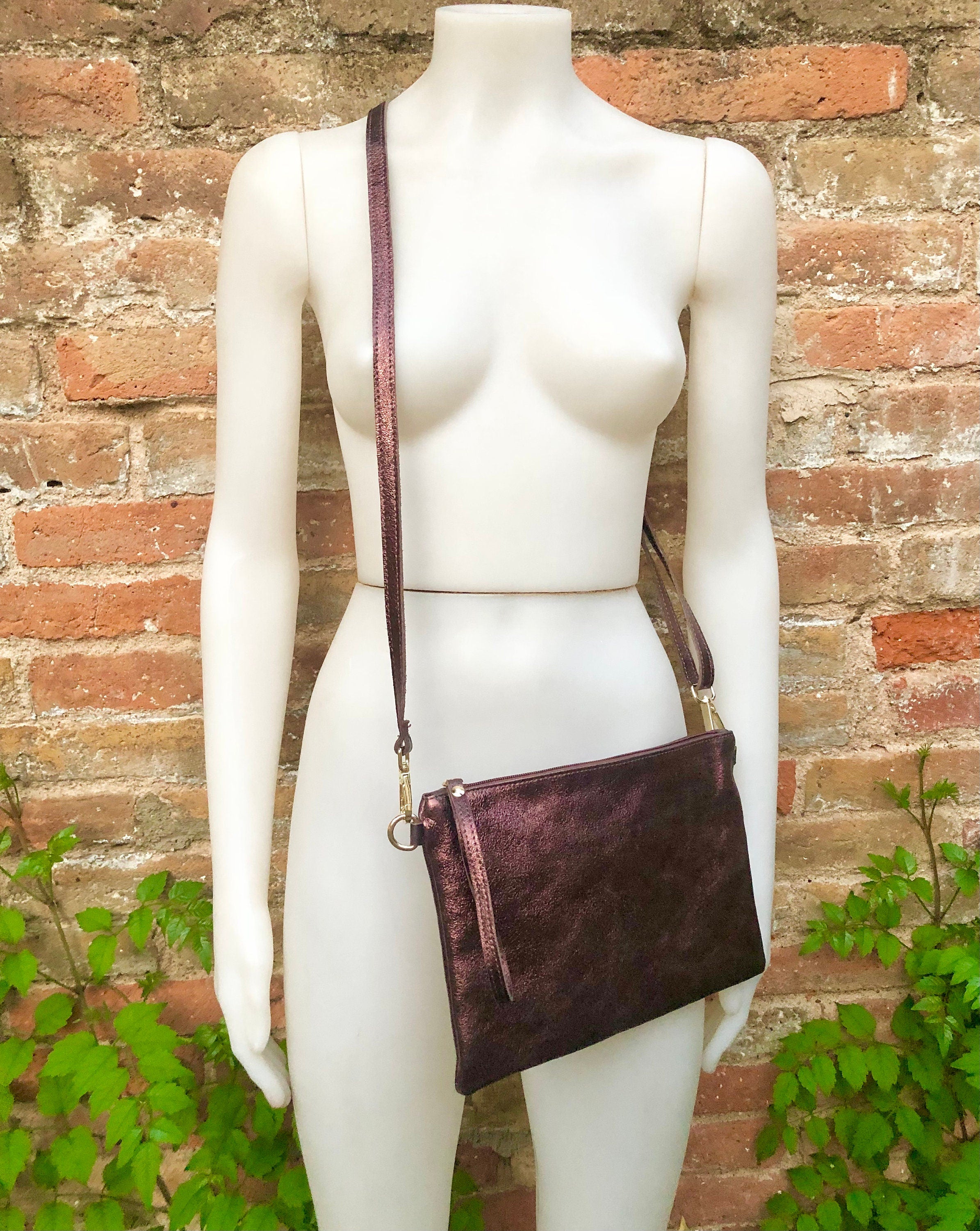 Small leather bag in metallic purple - brown .Cross body bag, GENUINE leather shoulder bag or wristlet. Brown purse with adjustable strap.